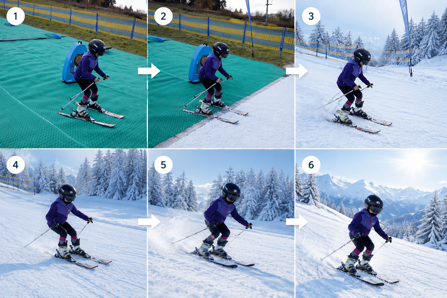 Bildfolge eines Kindes: von der Mattenpiste Schritt für Schritt auf eine verschneite Skipiste
